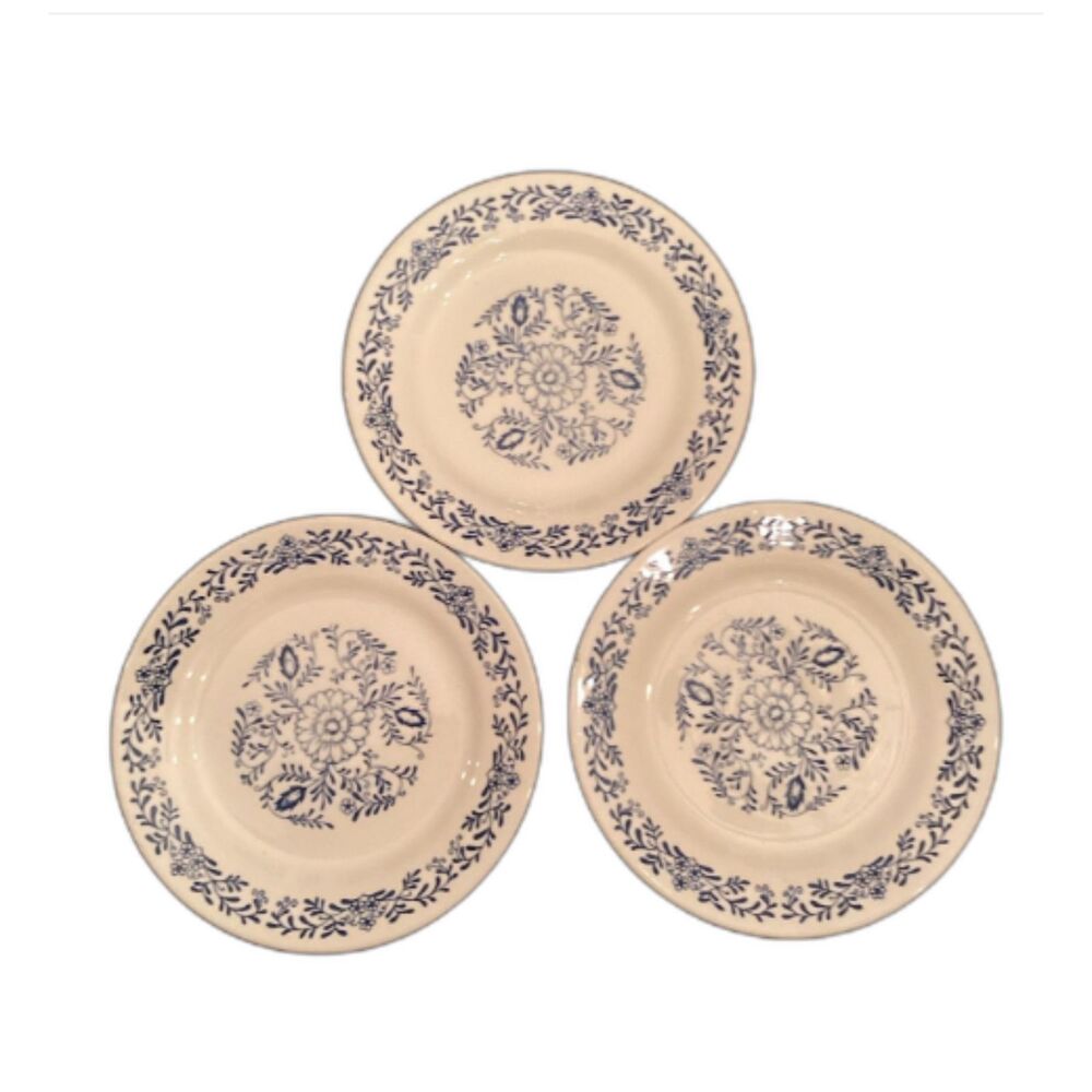 3 Vintage Oxford 7.5" Luncheon Plates, Made in Brazil, Ivory/ Blue Floral